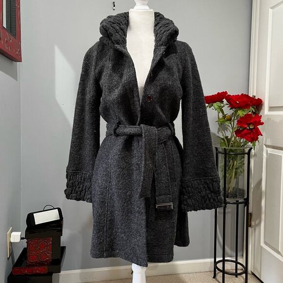 NEW Willi Smith Wool Classic Belted Longline Knit Swing Embellished Car Coat S - Picture 5 of 16